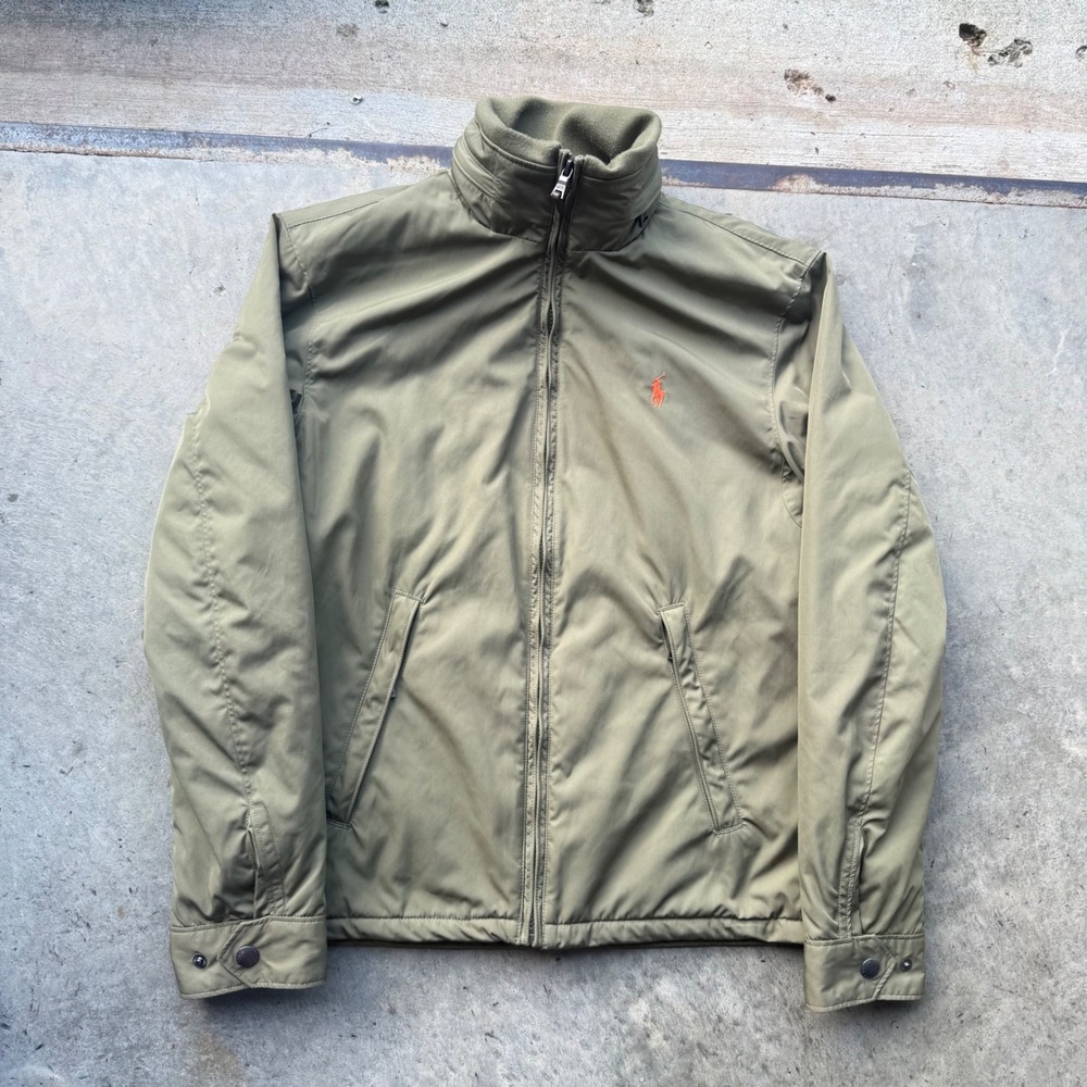 Polo Ralph Lauren Mens Olive Green Fleece Lined Full Zip Jacket Orange Pony S